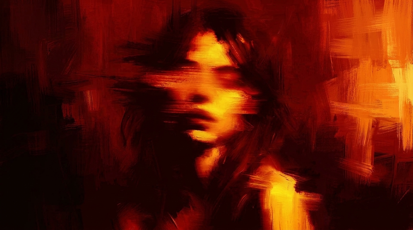 Painterly portrait in molten reds and golds